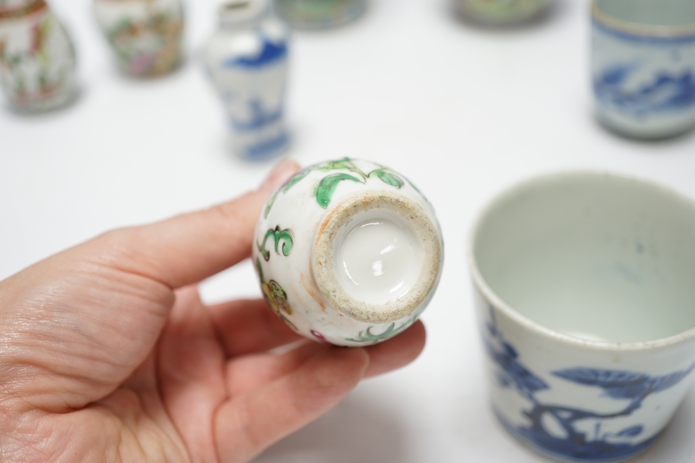 A group of Chinese famille rose small vases and blue and white items, late 19th/early 20th century (8) tallest 16cm